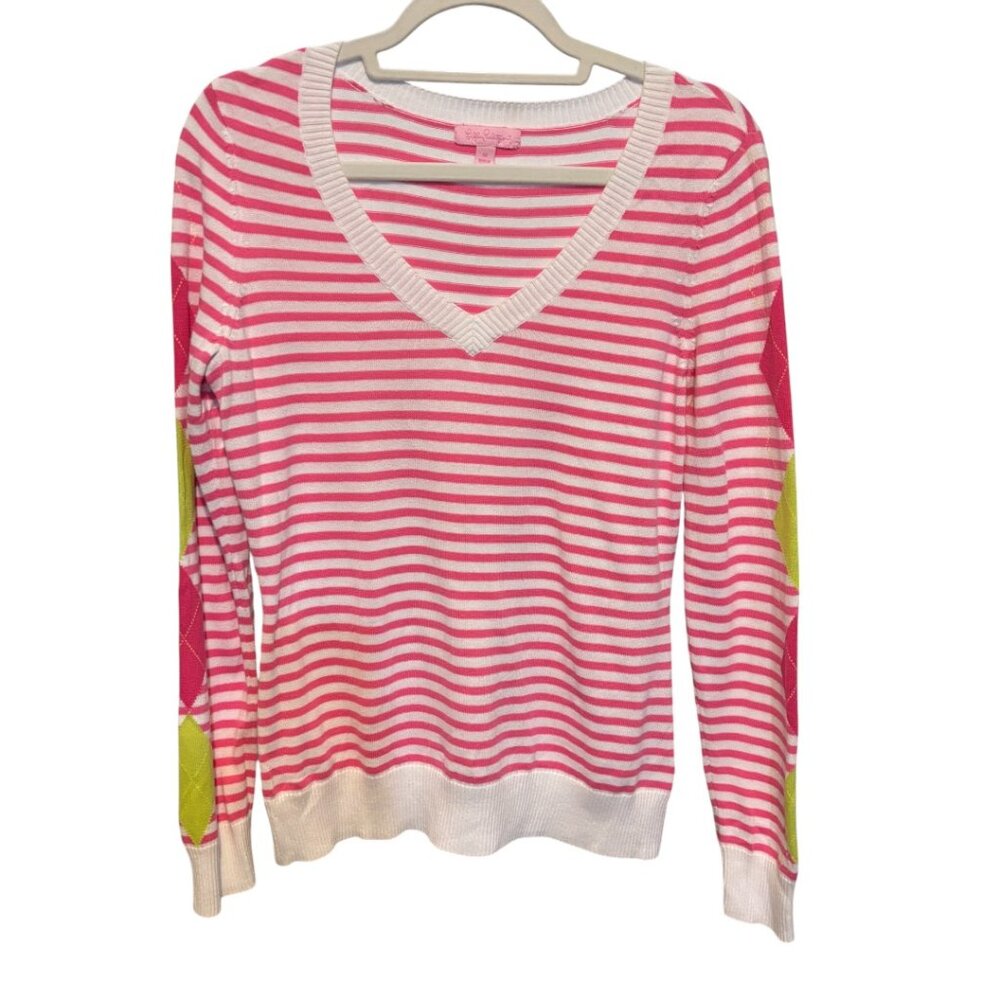 Lilly Pulitzer Pink White Stripe V Neck Long Sleeve Argyle Sleeve Sweater